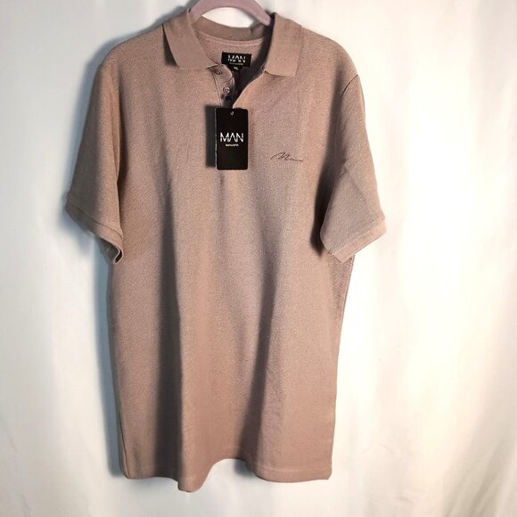BoohooMAN Polo Shirt XL Light Tan Cotton Waffle Knit Embroidered Tipped NWT - Picture 1 of 6